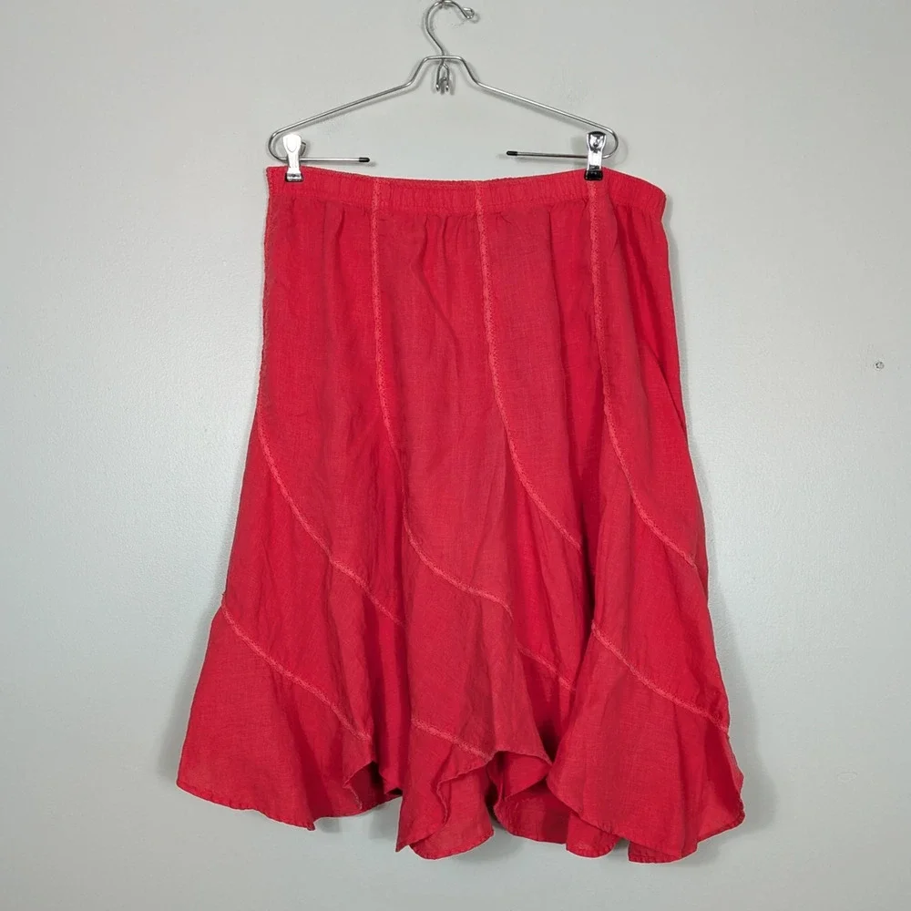 Linen Midi Skirt XL Coral Pink Ruffle Lace Boho A-Line Elastic Pull On Fairy Y2K - Picture 2 of 9
